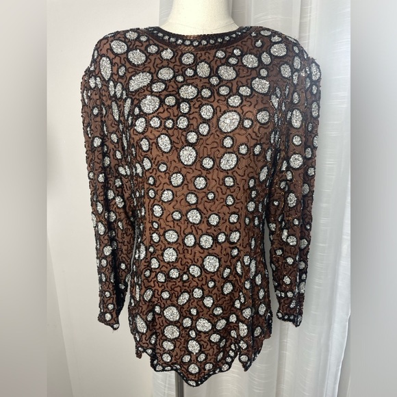 Vintage Judith Ann Creations Brown Silk Beaded Top with Shoulder Pads Small